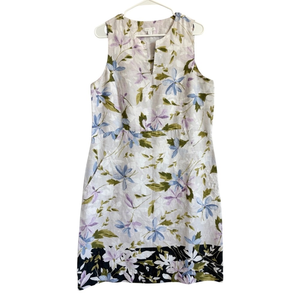 J. Jill Love Linen Floral Sleeveless Shift Dress Sz Medium Tall Pockets Coastal